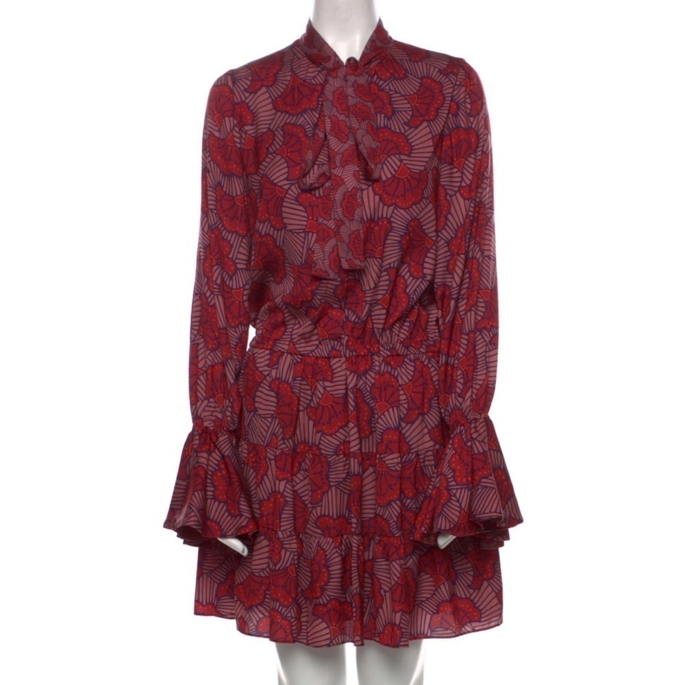 Alexis- Red Fan Long Flare Sleeve Mini Dress